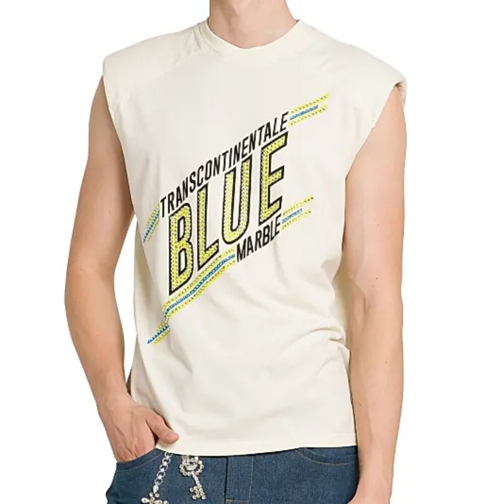 Bluemarble Padded Shoulder Sleeveless Crystal logo T-Shirt White Size M